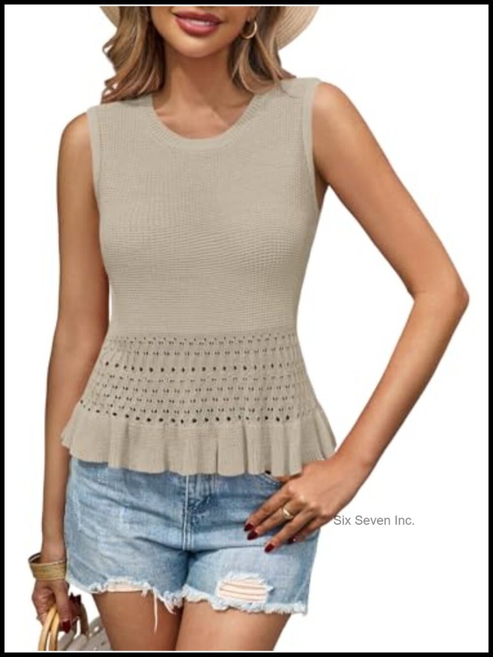 Crochet Knit Ruffle Hem Sleeveless Sweater Vest Tank Top